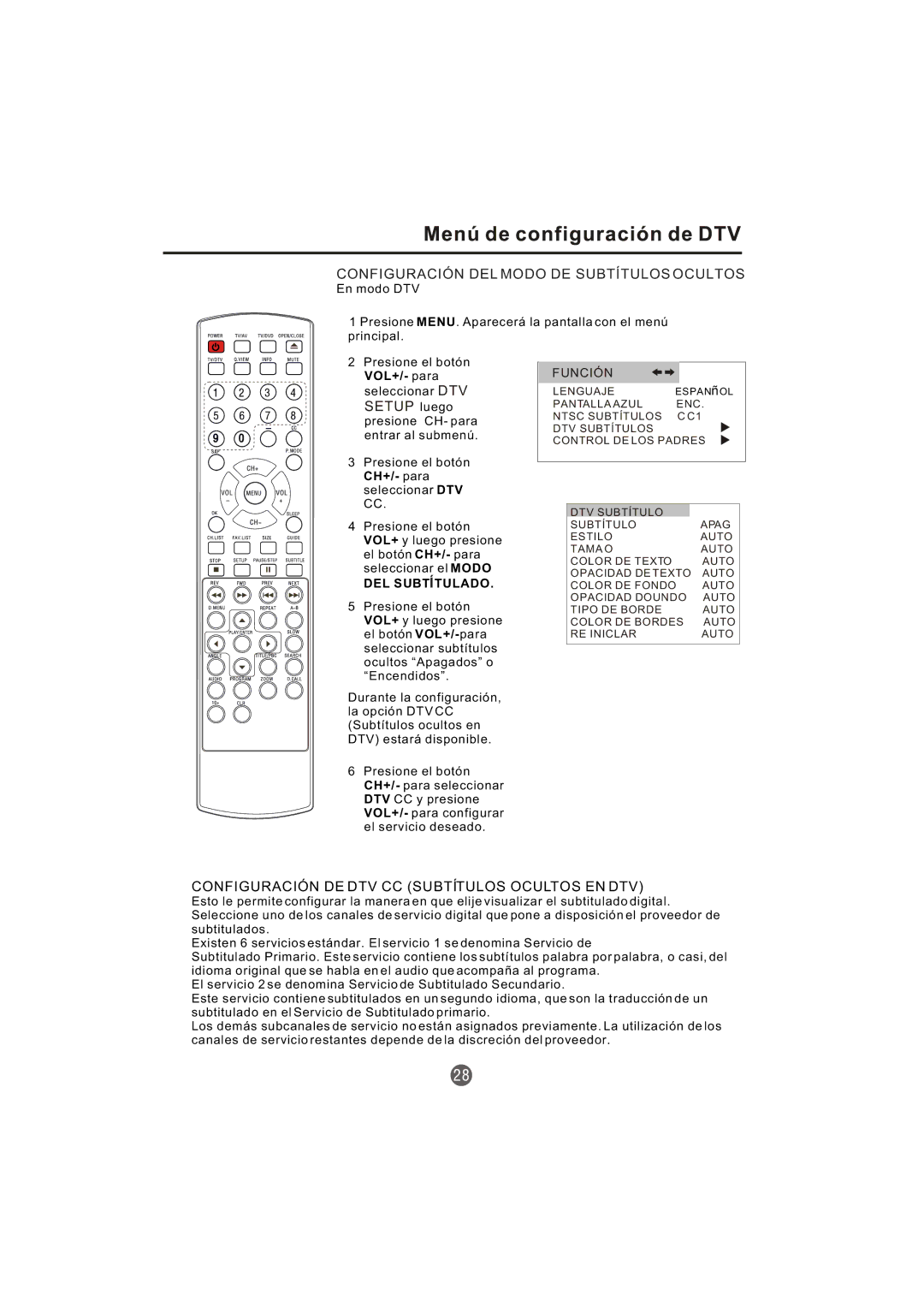 Haier TCR20-A, TCR13-A Configuración DEL Modo DE Subtítulos Ocultos, Configuración DE DTV CC Subtítulos Ocultos EN DTV 