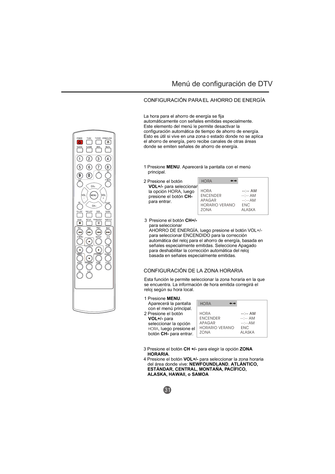 Haier TCR13-A, TCR20-A owner manual Configuración Para EL Ahorro DE Energía, Configuración DE LA Zona Horaria 