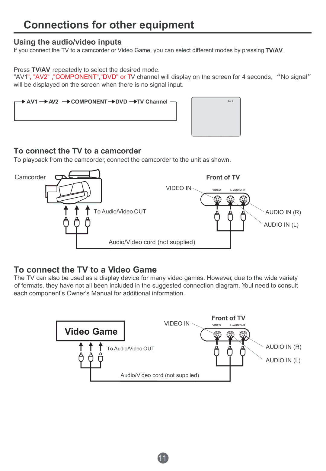 Haier TCR20, TCR13, TCF20 owner manual Connections for other equipment, To connect the TV to a camcorder 