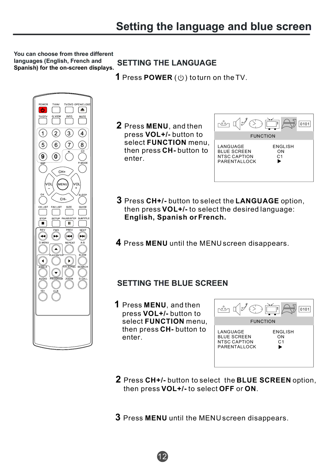 Haier TCR13, TCR20, TCF20 Setting the language and blue screen, Setting the Blue Screen, English, Spanish or French 