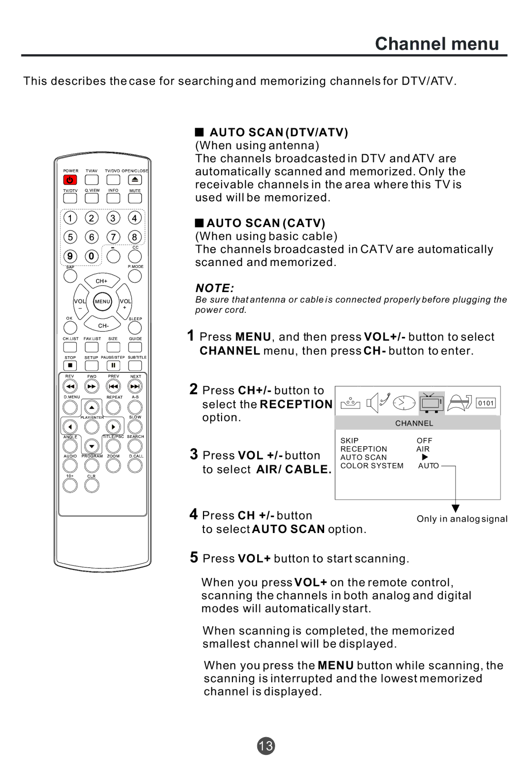 Haier TCF20, TCR20, TCR13 Channel menu, Auto Scan DTV/ATV When using antenna, Auto Scan Catv When using basic cable 