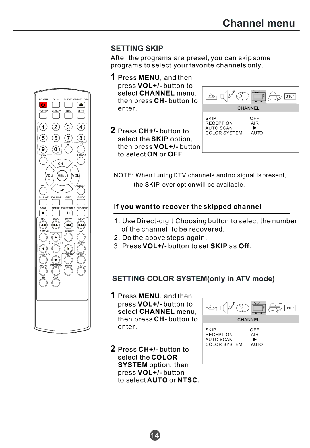 Haier TCR20, TCR13, TCF20 Setting Skip, Setting Color SYSTEMonly in ATV mode, If you want to recover the skipped channel 