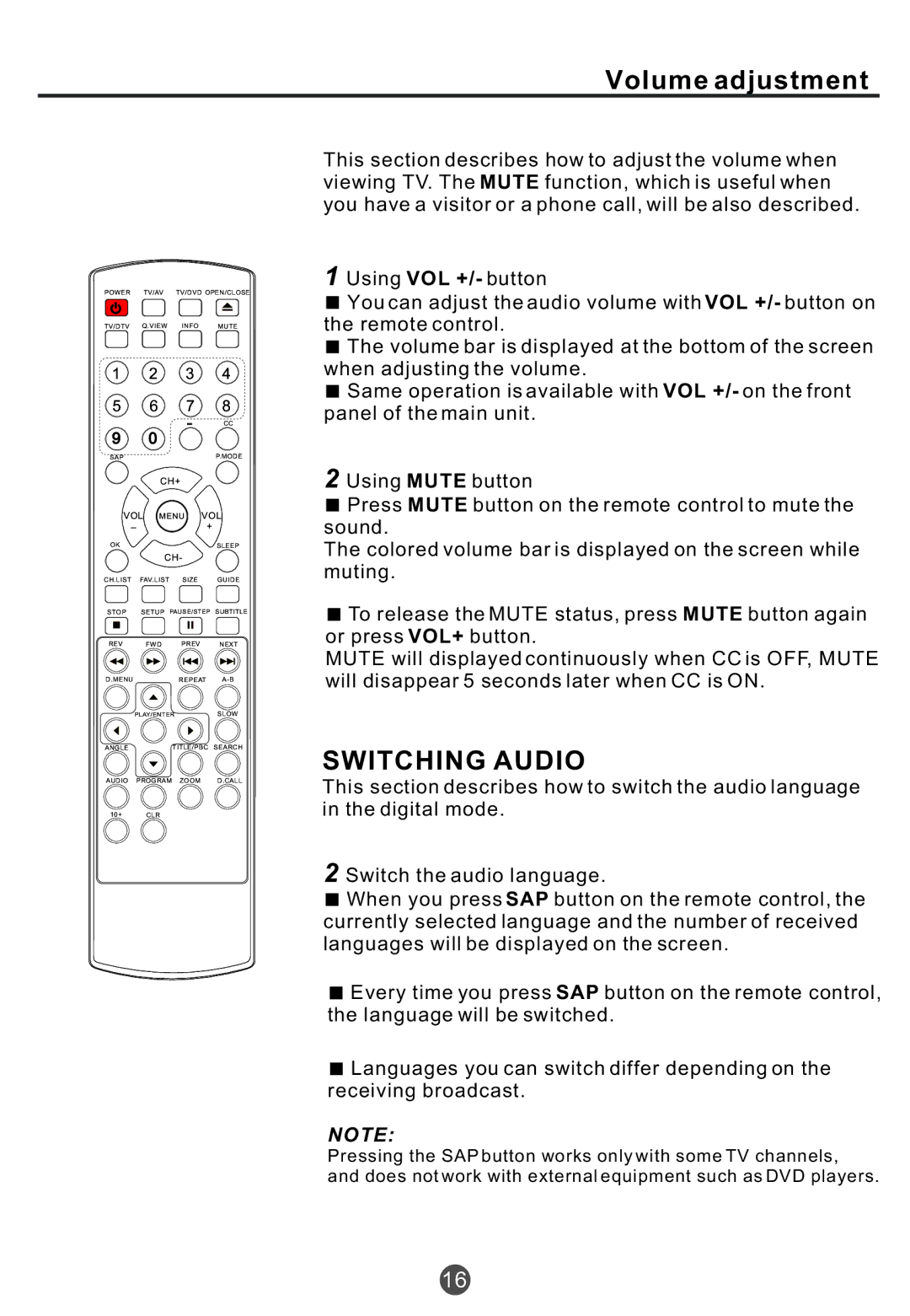 Haier TCF20, TCR20, TCR13 owner manual Volume adjustment, Switching Audio 