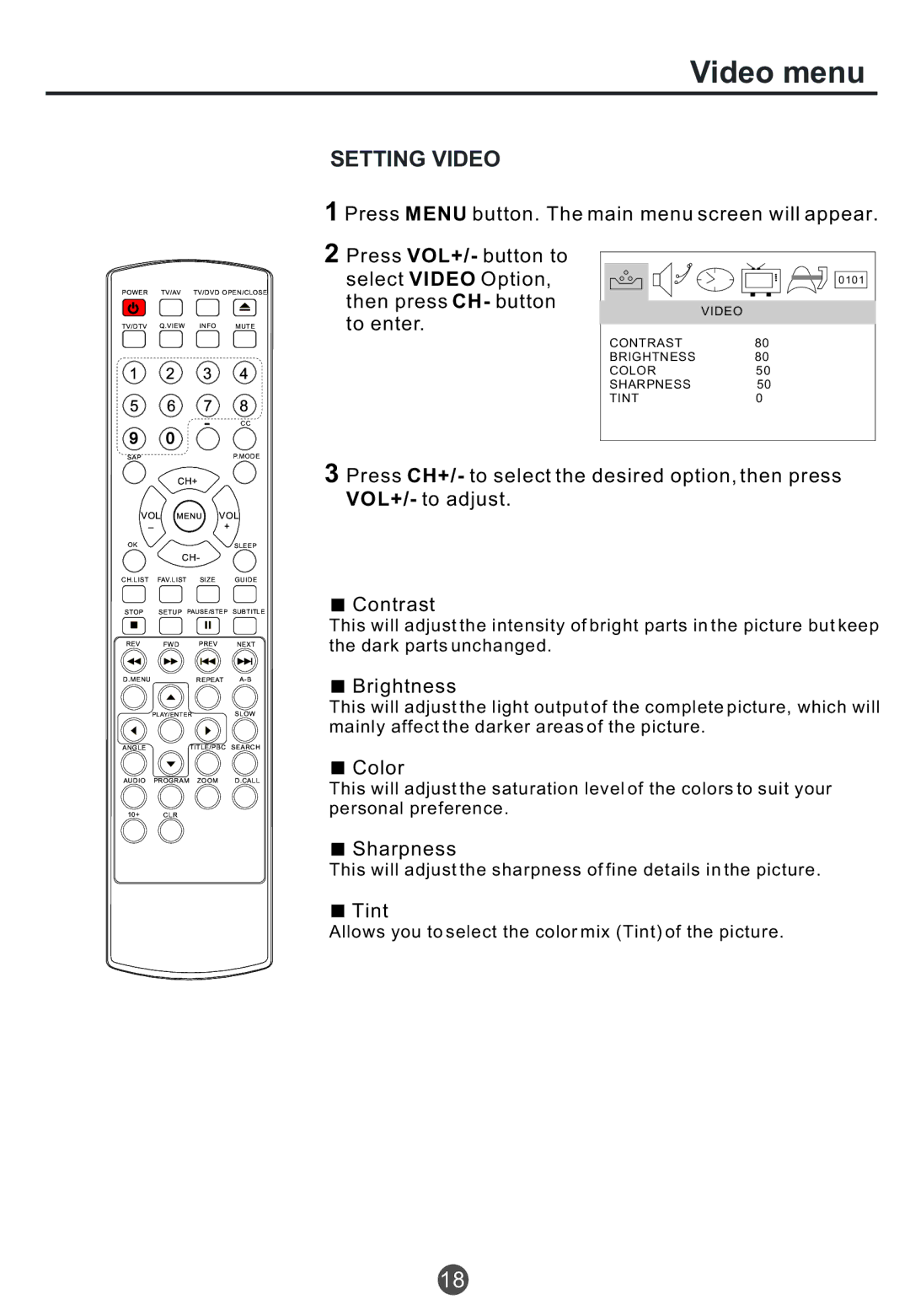 Haier TCR13, TCR20, TCF20 owner manual Video menu, Setting Video 