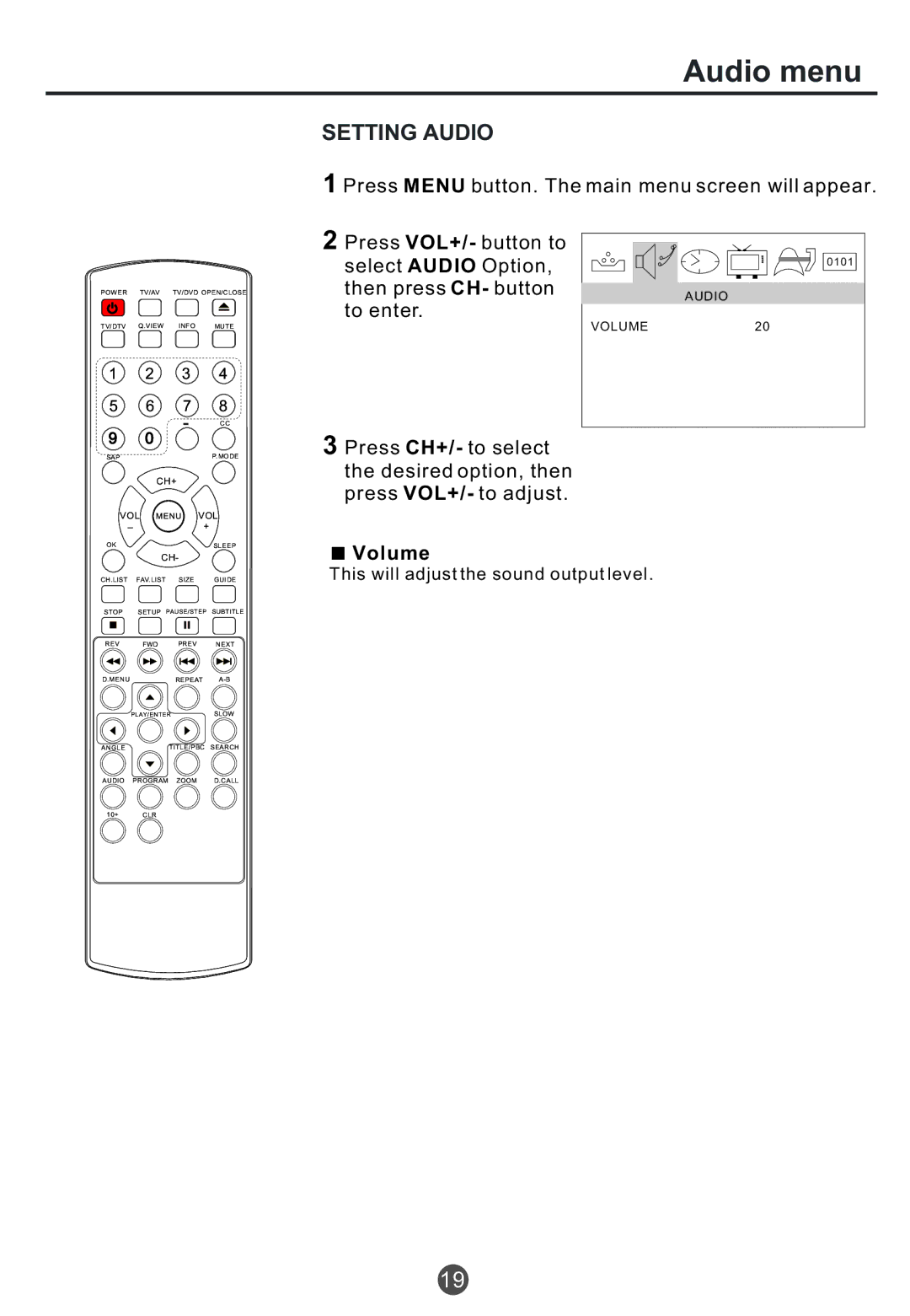 Haier TCF20, TCR20, TCR13 owner manual Audio menu, Setting Audio, Press Menu button. The main menu screen will appear, Volume 