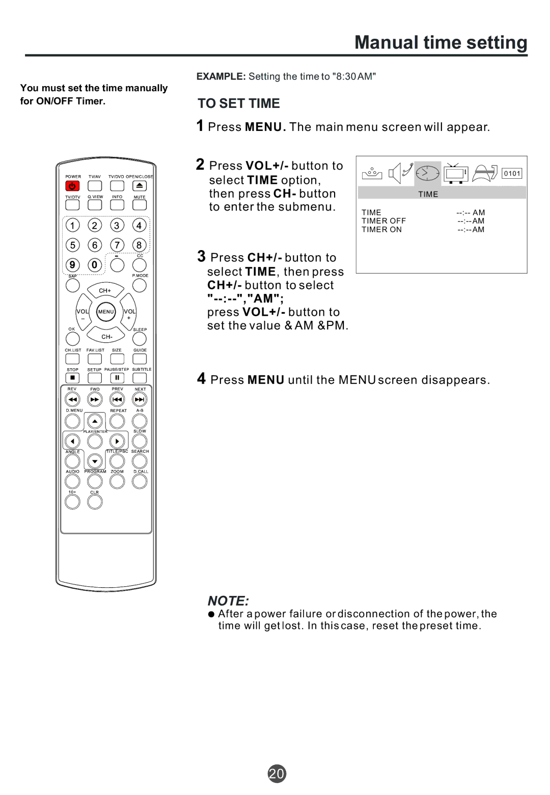 Haier TCR20, TCR13, TCF20 owner manual Manual time setting, To SET Time, Press MENU. The main menu screen will appear 