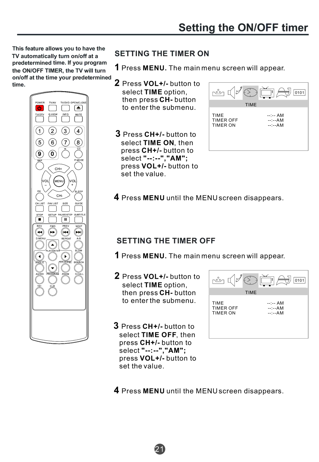 Haier TCR13, TCR20, TCF20 owner manual Setting the ON/OFF timer, Setting the Timer on, Setting the Timer OFF, Select ----,AM 