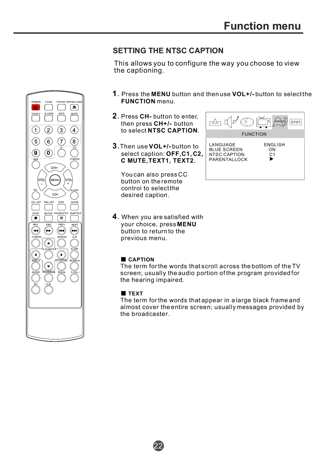 Haier TCF20, TCR20, TCR13 owner manual Function menu, Setting the Ntsc Caption 