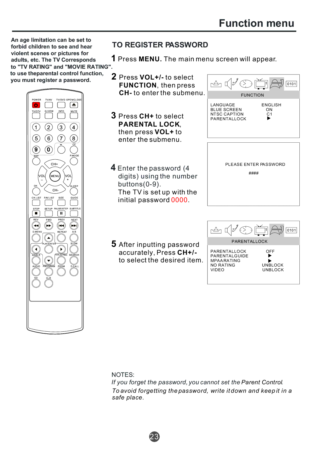 Haier TCR20, TCR13, TCF20 owner manual To Register Password, Parental Lock 