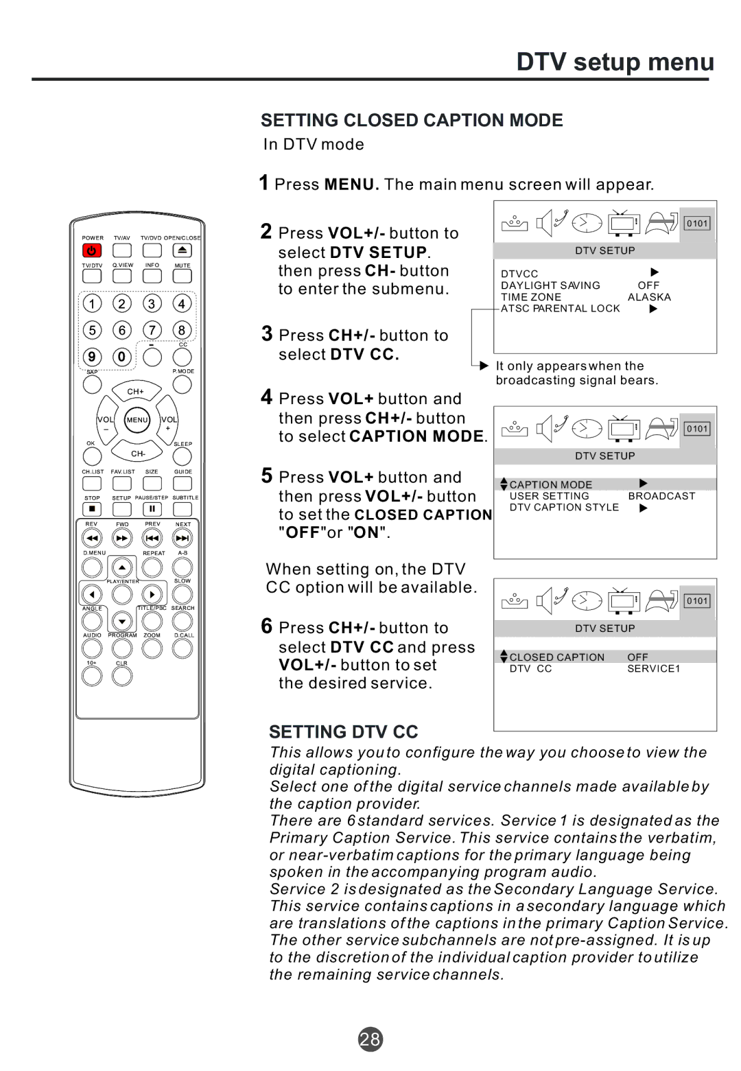 Haier TCF20, TCR20, TCR13 owner manual DTV setup menu, Setting Closed Caption Mode, Setting DTV CC, OFFor on 