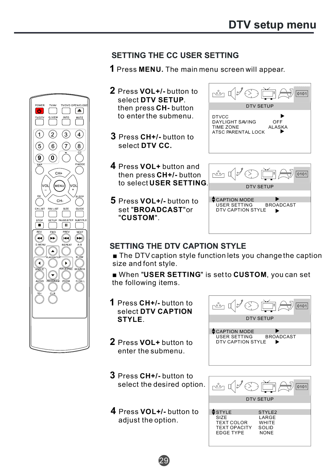 Haier TCR20 Setting the CC User Setting, Setting the DTV Caption Style, To select User Setting, Set Broadcast or, Custom 