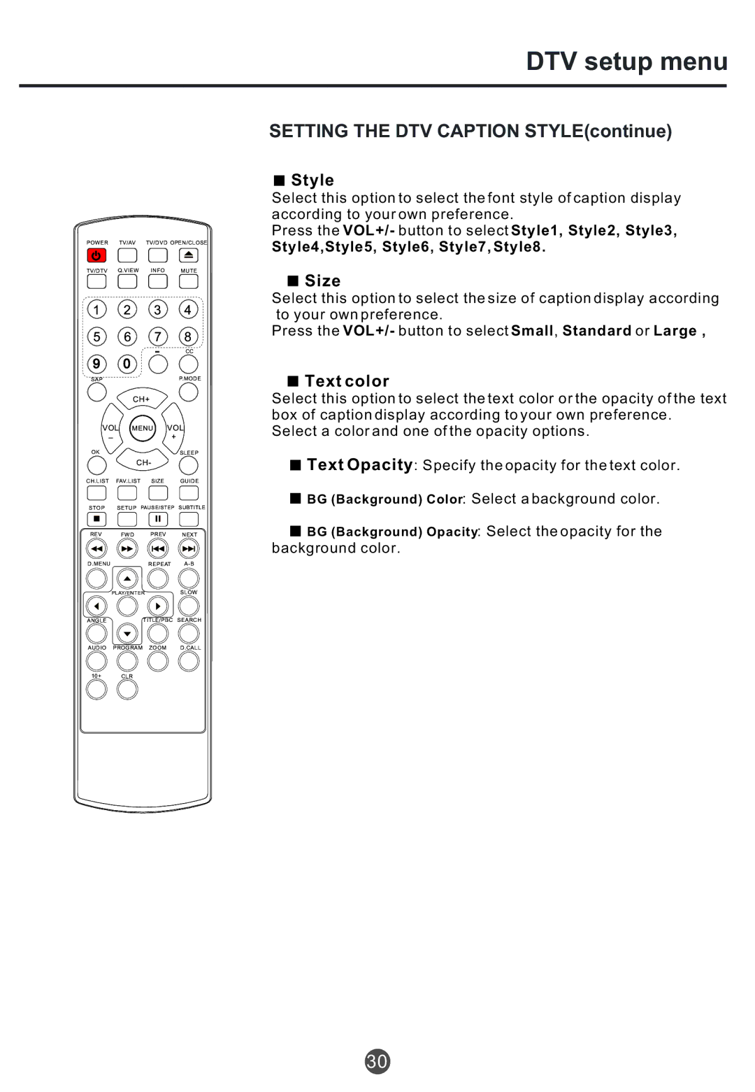 Haier TCR13, TCR20, TCF20 owner manual Setting the DTV Caption STYLEcontinue, Style, Size, Text color 