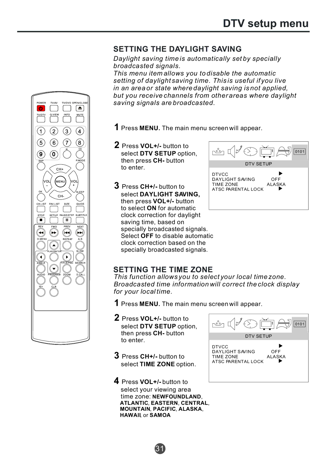 Haier TCF20, TCR20, TCR13 owner manual Setting the Daylight Saving, Setting the Time Zone 