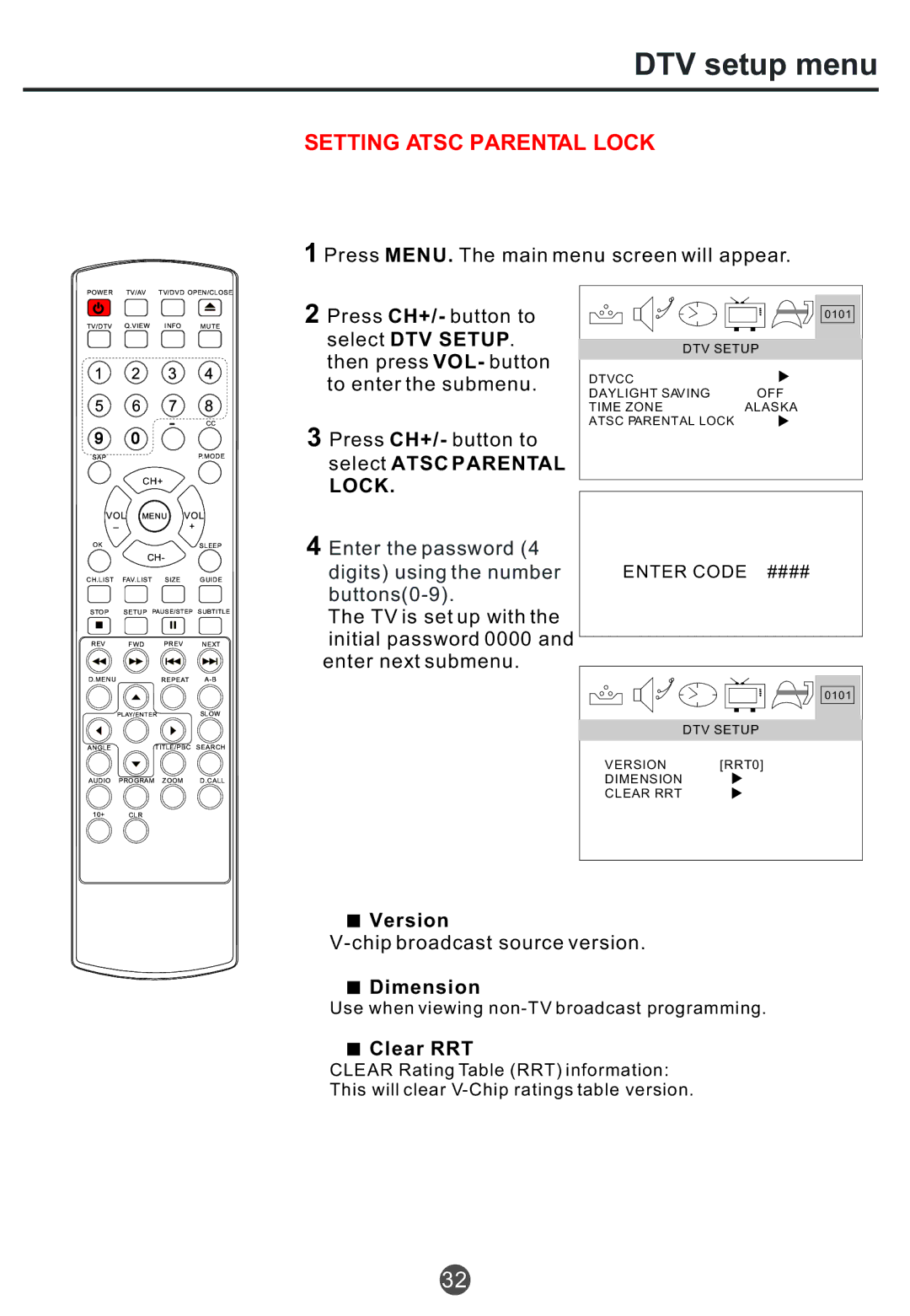 Haier TCR20, TCR13, TCF20 owner manual Lock, Version, Chip broadcast source version, Dimension, Clear RRT 