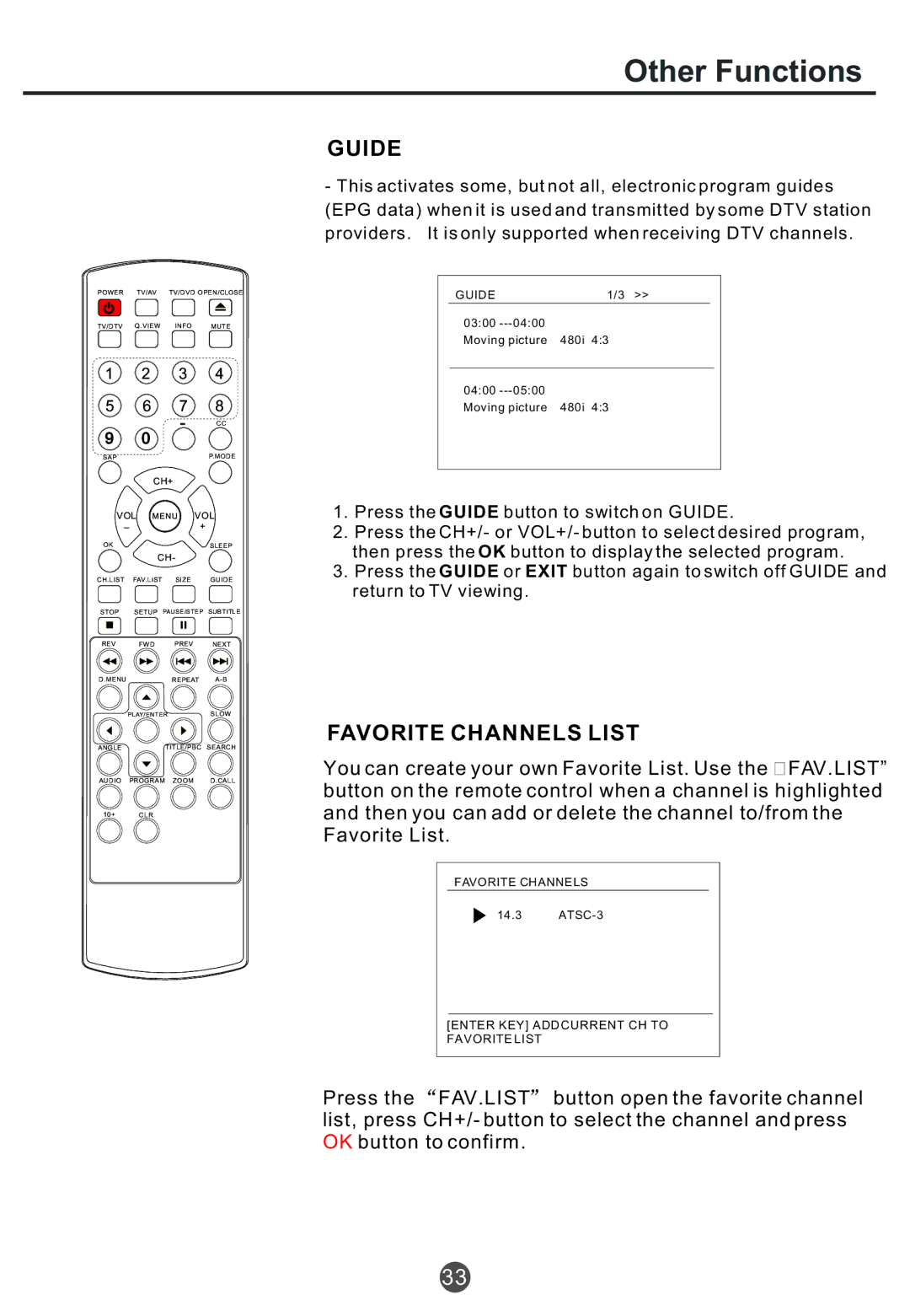 Haier TCR13, TCR20, TCF20 owner manual Other Functions, Guide, Favorite Channels List 