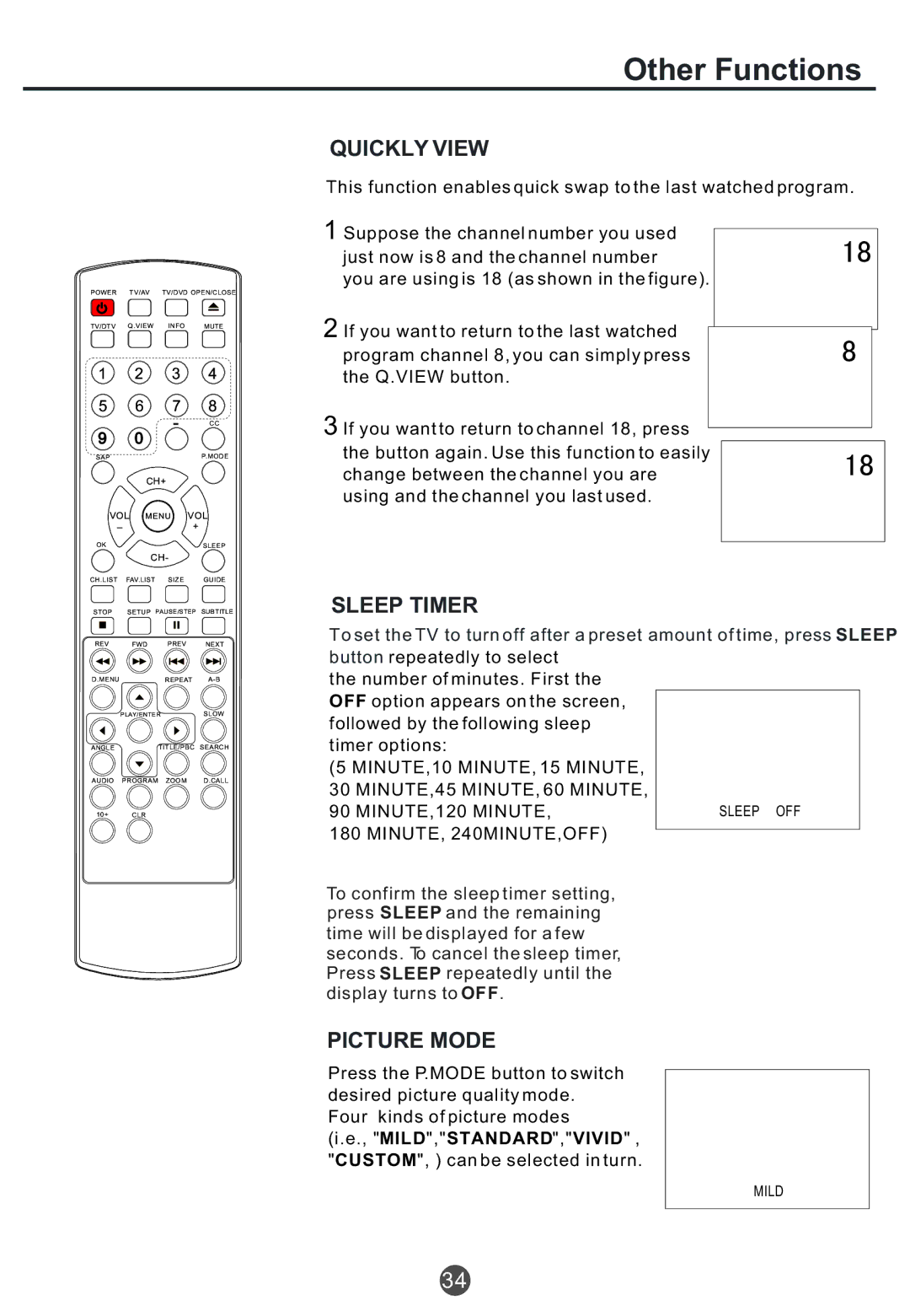 Haier TCF20, TCR20, TCR13 owner manual Quickly View, Sleep Timer, Picture Mode 