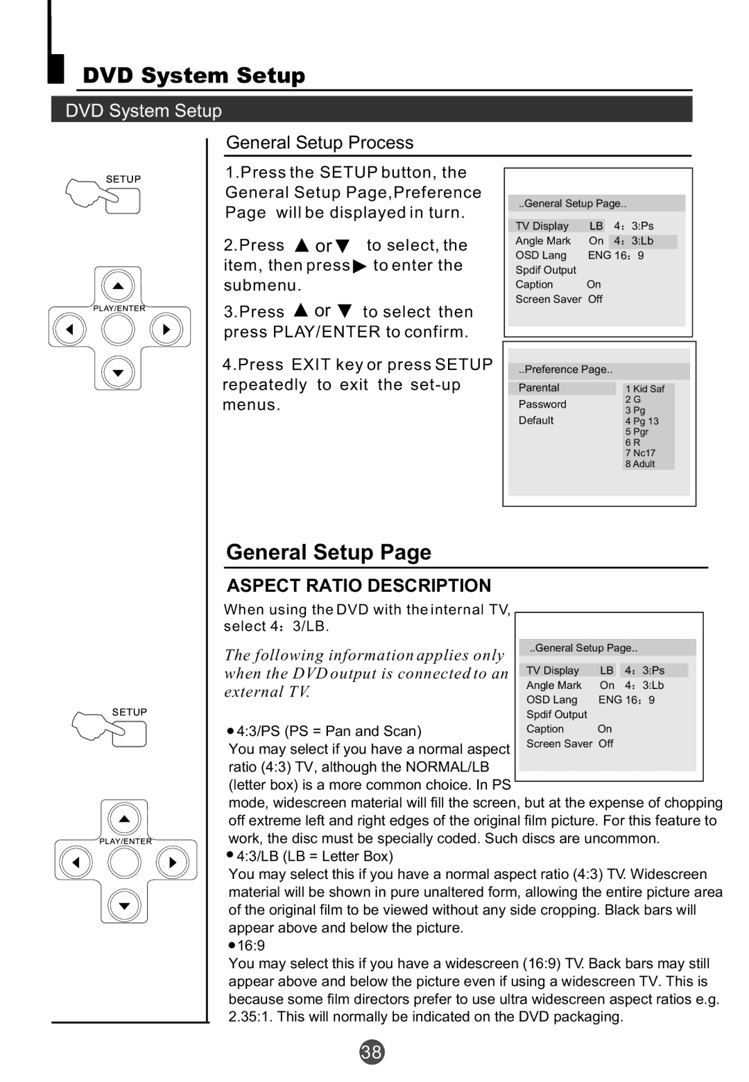 Haier TCR20, TCR13, TCF20 owner manual DVD System Setup, General Setup, Aspect Ratio Description 