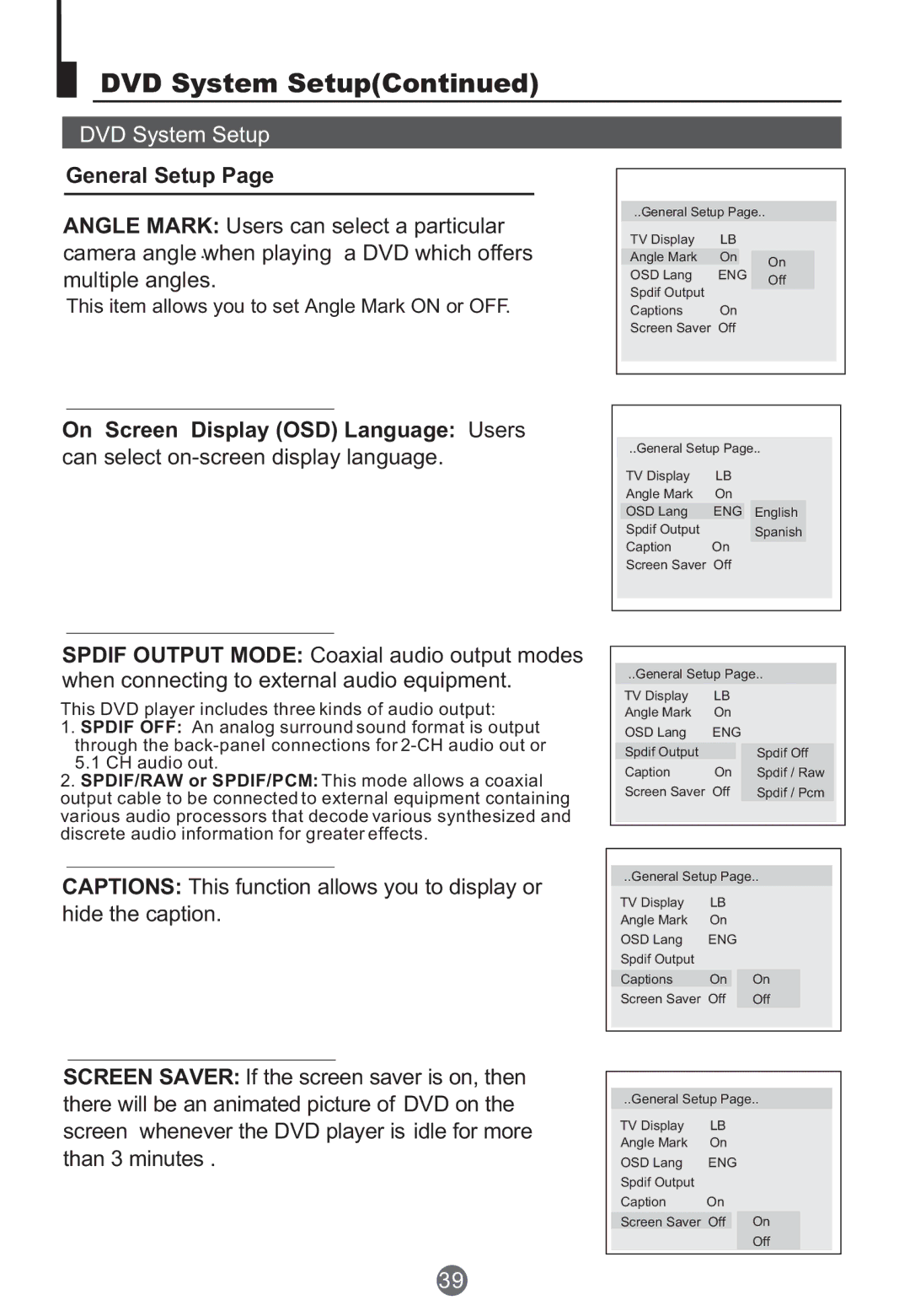 Haier TCR13, TCR20 General Setup, On Screen Display OSD Language Users, This item allows you to set Angle Mark on or OFF 