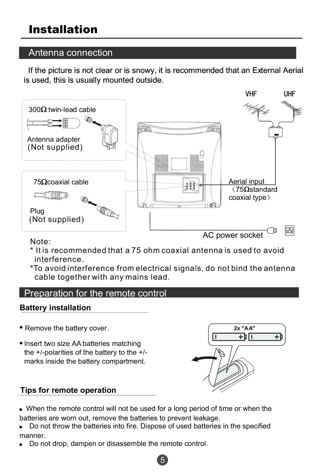 Haier TCR20, TCR13, TCF20 owner manual Installation, Battery installation, Tips for remote operation 