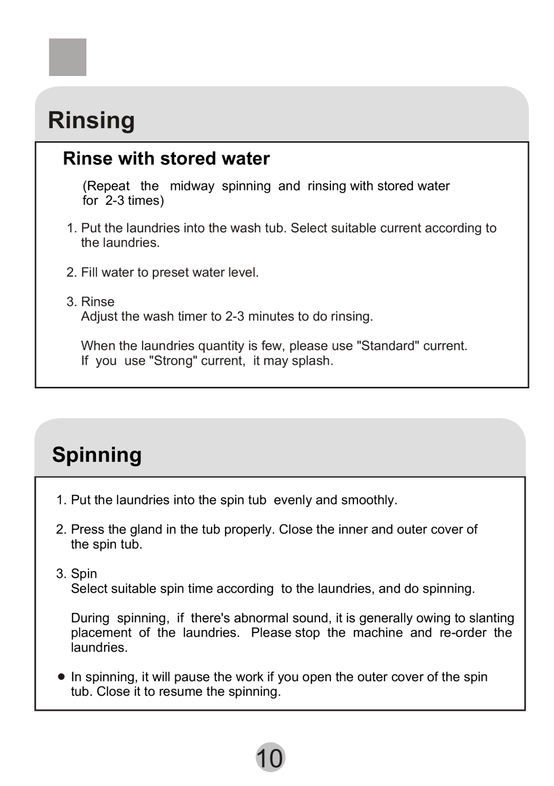 Haier Twi-tub Washing machine user manual Spinning, Rinse with stored water 