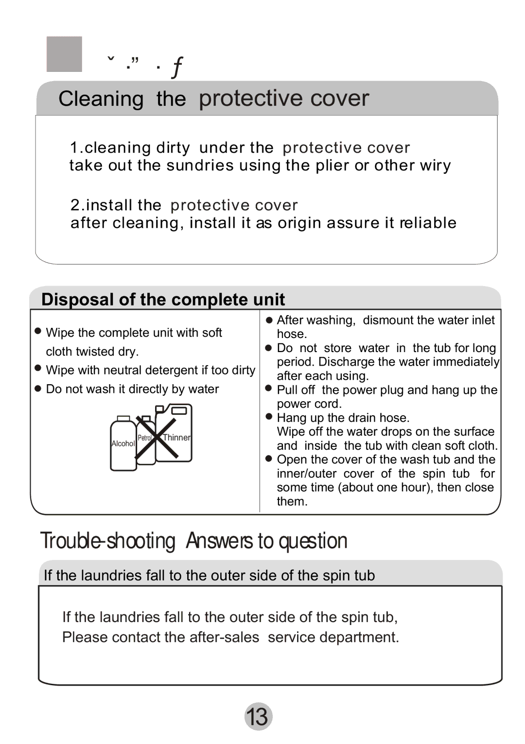 Haier Twi-tub Washing machine user manual Trouble-shooting Answers to question, Disposal of the complete unit 