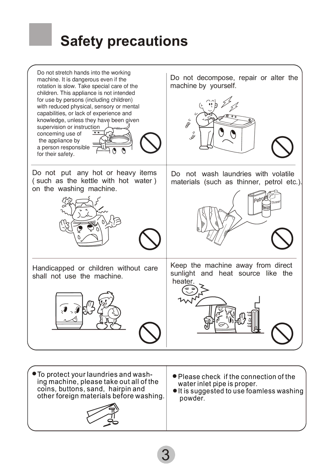 Haier Twi-tub Washing machine user manual × ¢ Ò â Ê Â Ï î, Safety precautions 