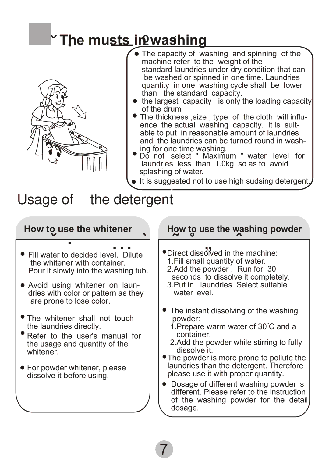 Haier Twi-tub Washing machine user manual ´ µ Ó Ð ë Ö ª, ´ µ Ó ¼ Á µ Ä Ê ¹ Ó Ã, Musts in washing, Usage of the detergent 