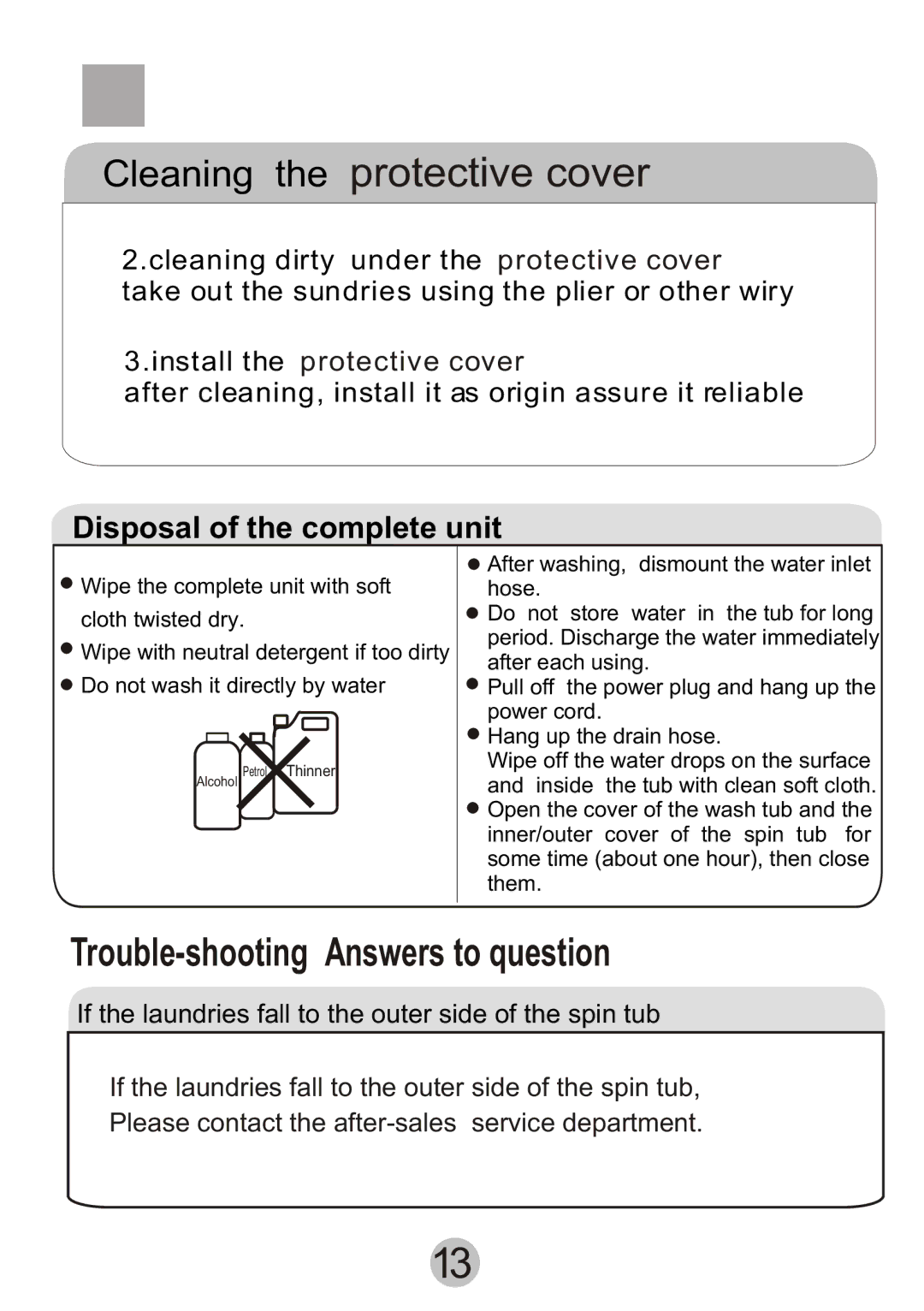 Haier Twin-tub Washing Machine user manual Trouble-shooting Answers to question, Disposal of the complete unit 