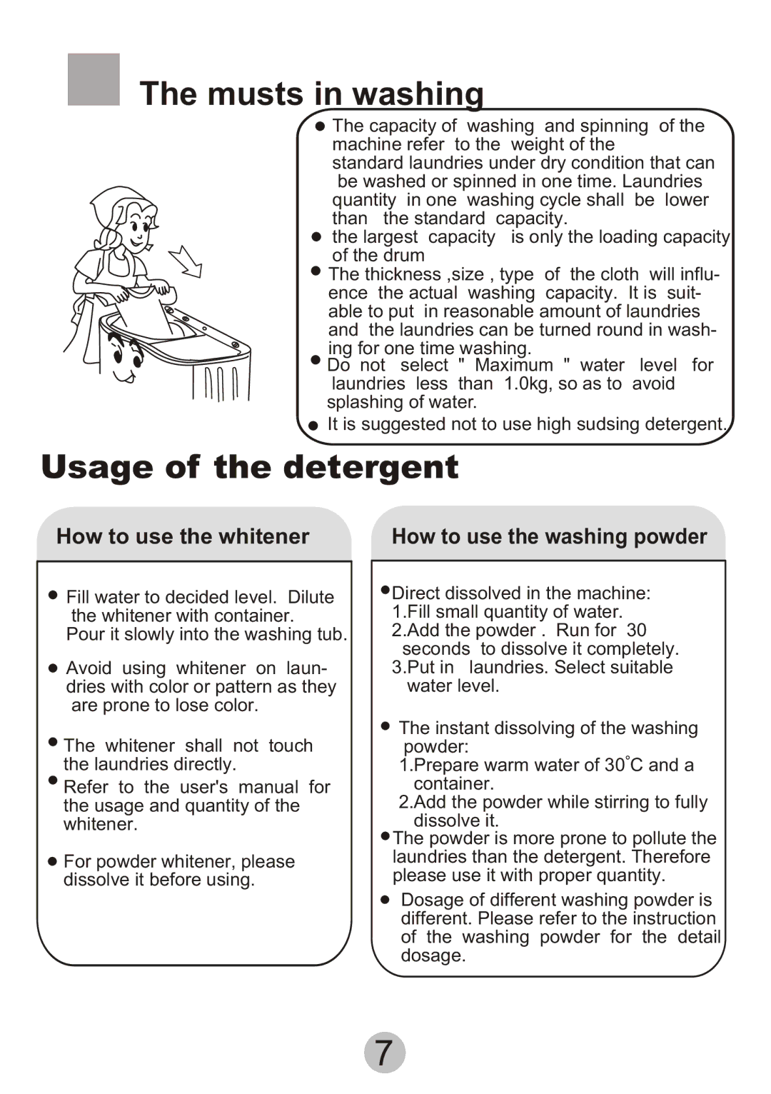 Haier Twin-tub Washing Machine user manual ´ µ Ó Ð ë Ö ª, ´ µ Ó ¼ Á µ Ä Ê ¹ Ó Ã, Musts in washing, Usage of the detergent 