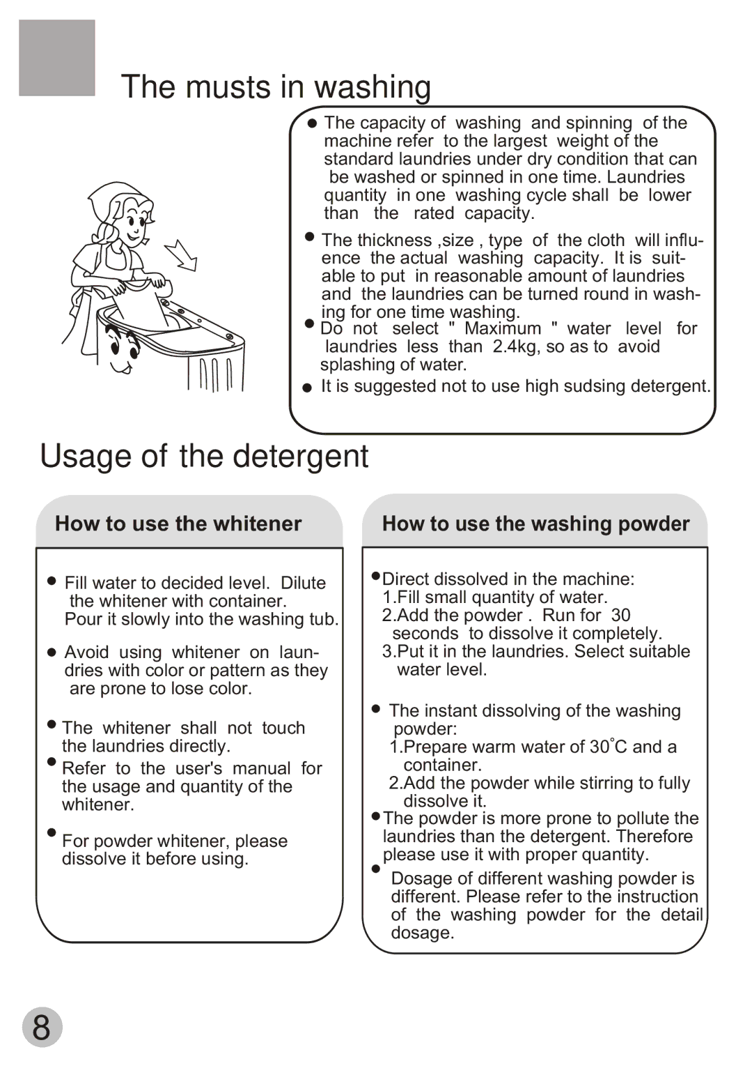 Haier Twin-tub Washing user manual Musts in washing, Usage of the detergent 