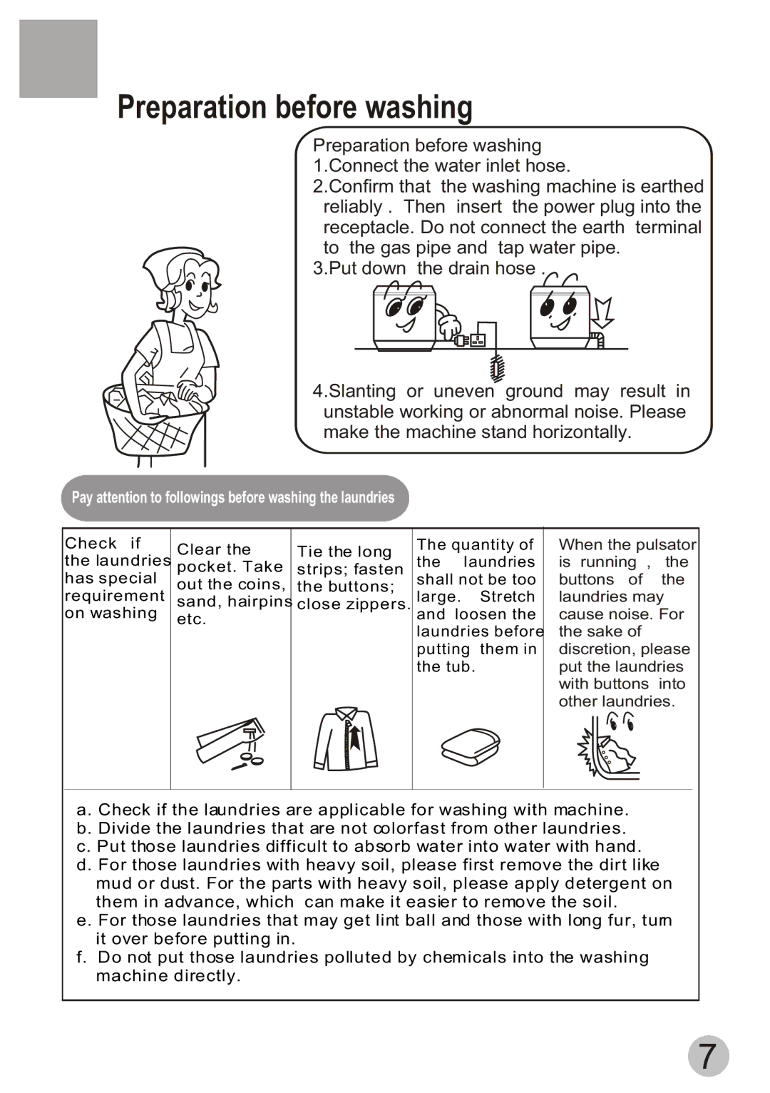 Haier Twin-tub Washing user manual Preparation before washing, Pay attention to followings before washing the laundries 