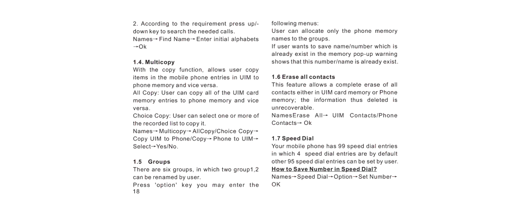 Haier V280 manual Multicopy, Groups, Erase all contacts, How to Save Number in Speed Dial? 