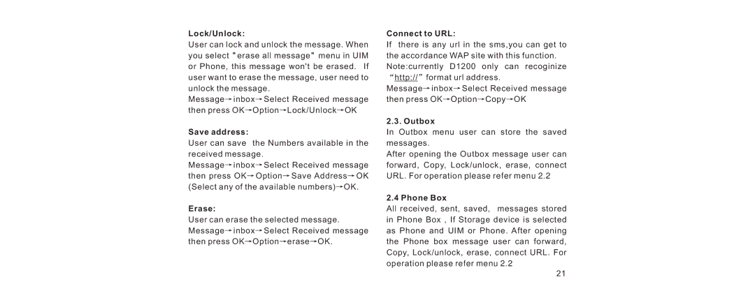 Haier V280 manual Lock/Unlock, Save address, Erase, Connect to URL, Outbox, Phone Box 