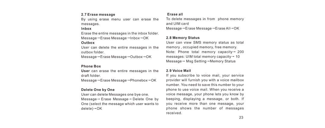 Haier V280 manual Erase message, Inbox, Delete One by One, Erase all, Memory Status, Voice Mail 