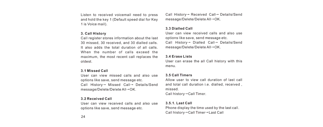 Haier V280 manual Call History, Missed Call, Received Call, Dialled Call, Erase Lists, Call Timers, Last Call 