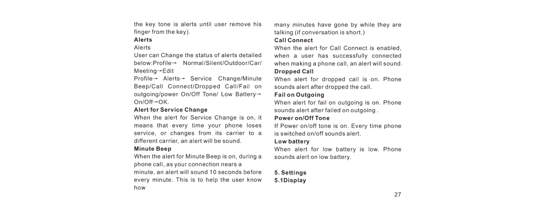 Haier V280 Alerts, Alert for Service Change, Minute Beep, Call Connect, Dropped Call, Fail on Outgoing, Power on/Off Tone 