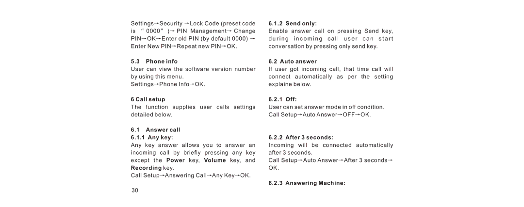 Haier V280 Phone info, Call setup, Answer call Any key, Send only, Auto answer, 1 Off, After 3 seconds, Answering Machine 