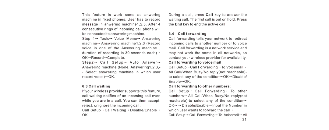 Haier V280 manual Call waiting, Call forwarding to other numbers 