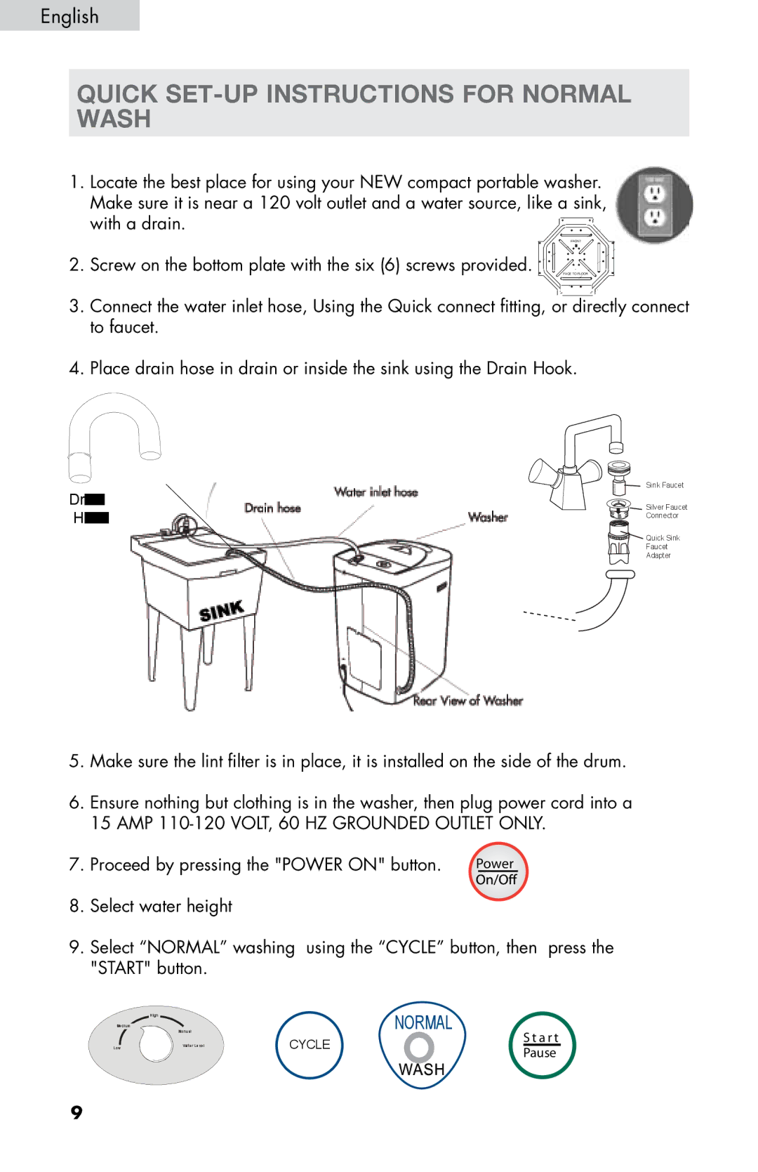 Haier WD-9999-14 user manual Quick set-up instructions for normal wash 