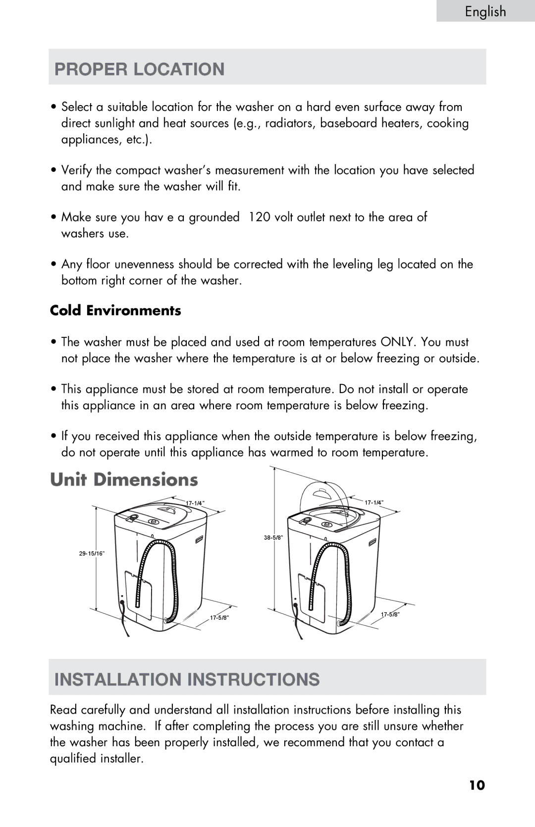 Haier WD-9999-14 user manual Proper location, Installation instructions, Cold Environments 