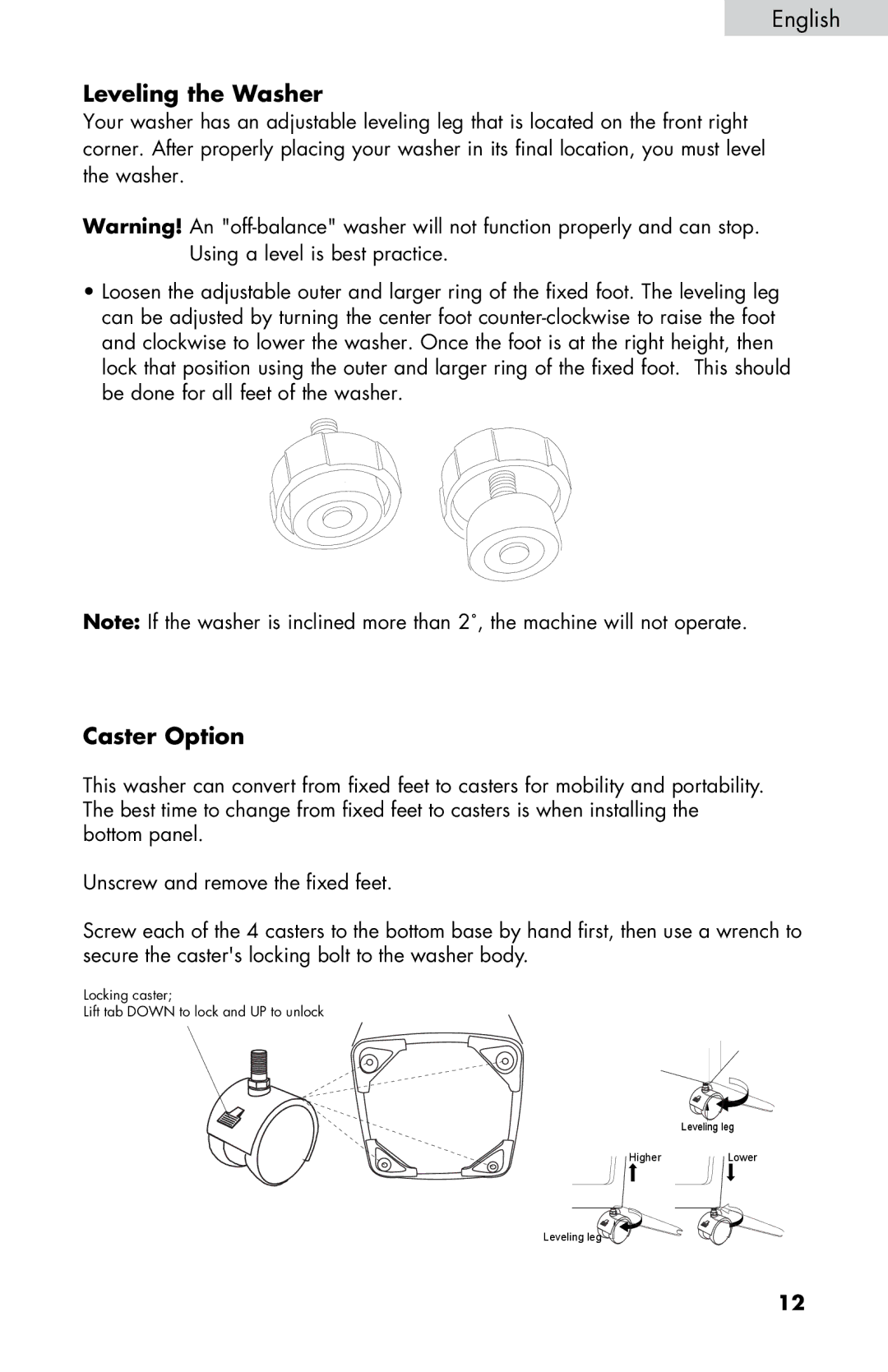 Haier WD-9999-14 user manual Leveling the Washer, Caster Option 