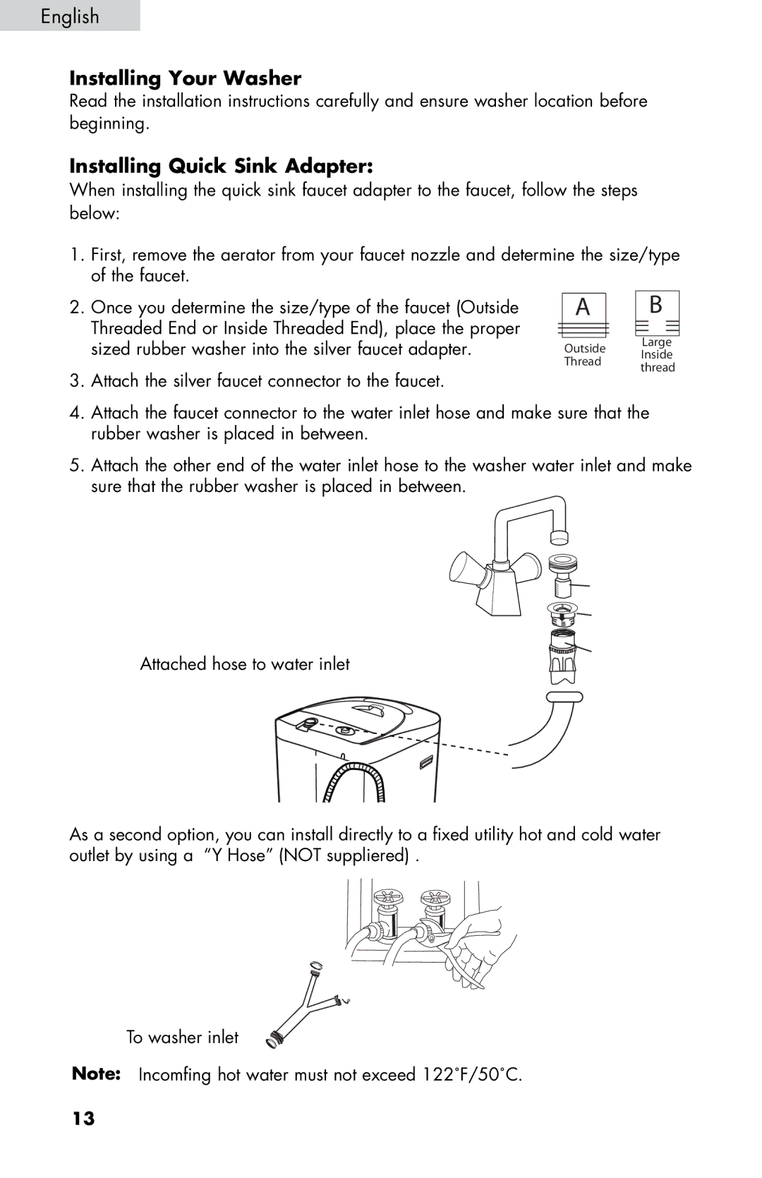 Haier WD-9999-14 user manual Installing Your Washer, Installing Quick Sink Adapter 