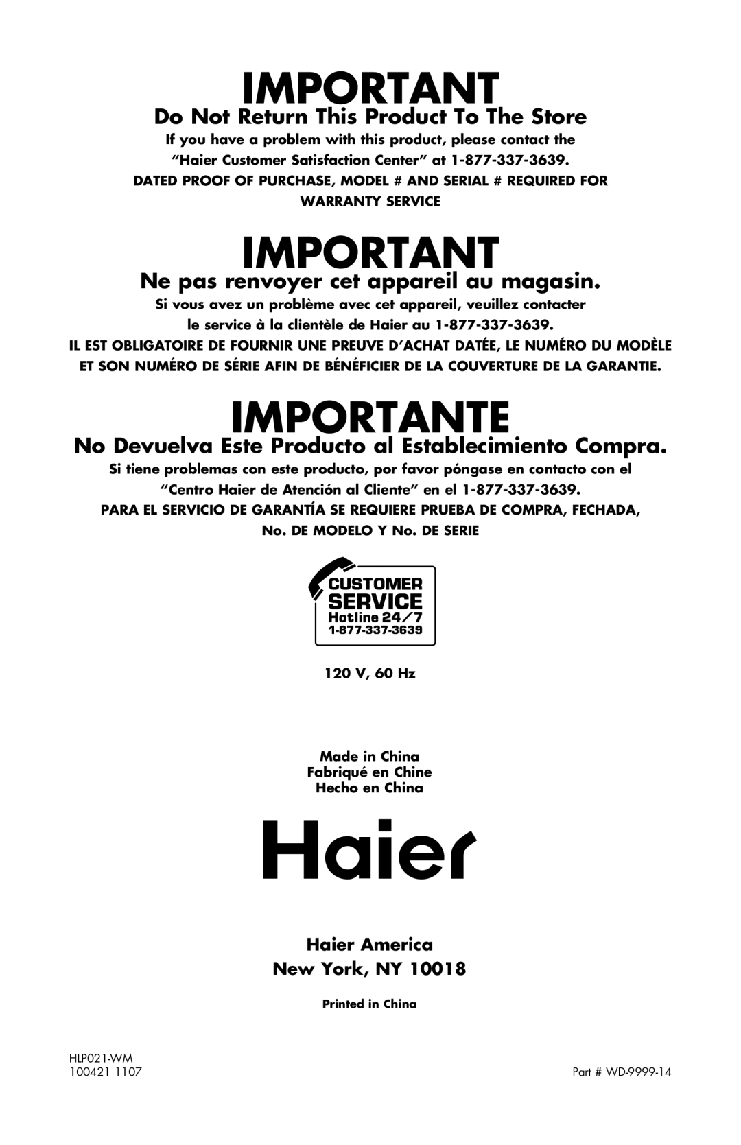 Haier WD-9999-14 user manual Haier America, New York, NY 