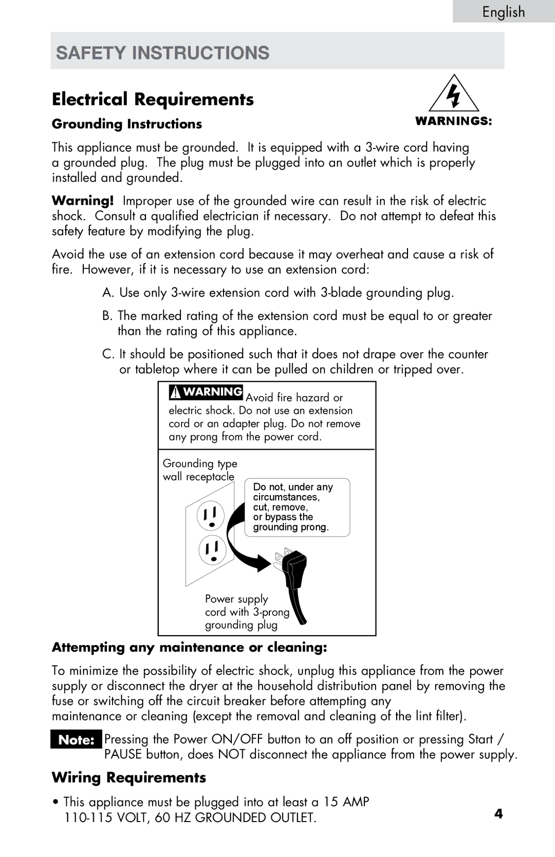 Haier WD-9999-14 user manual Safety Instructions, English, Wiring Requirements, Grounding Instructions 