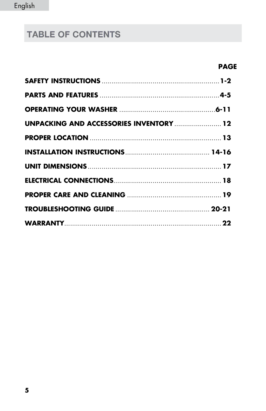 Haier WD-9999-14 user manual Table of contents 