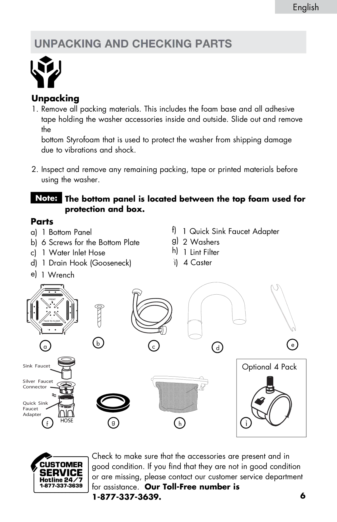 Haier WD-9999-14 user manual Unpacking and checking parts, Parts 