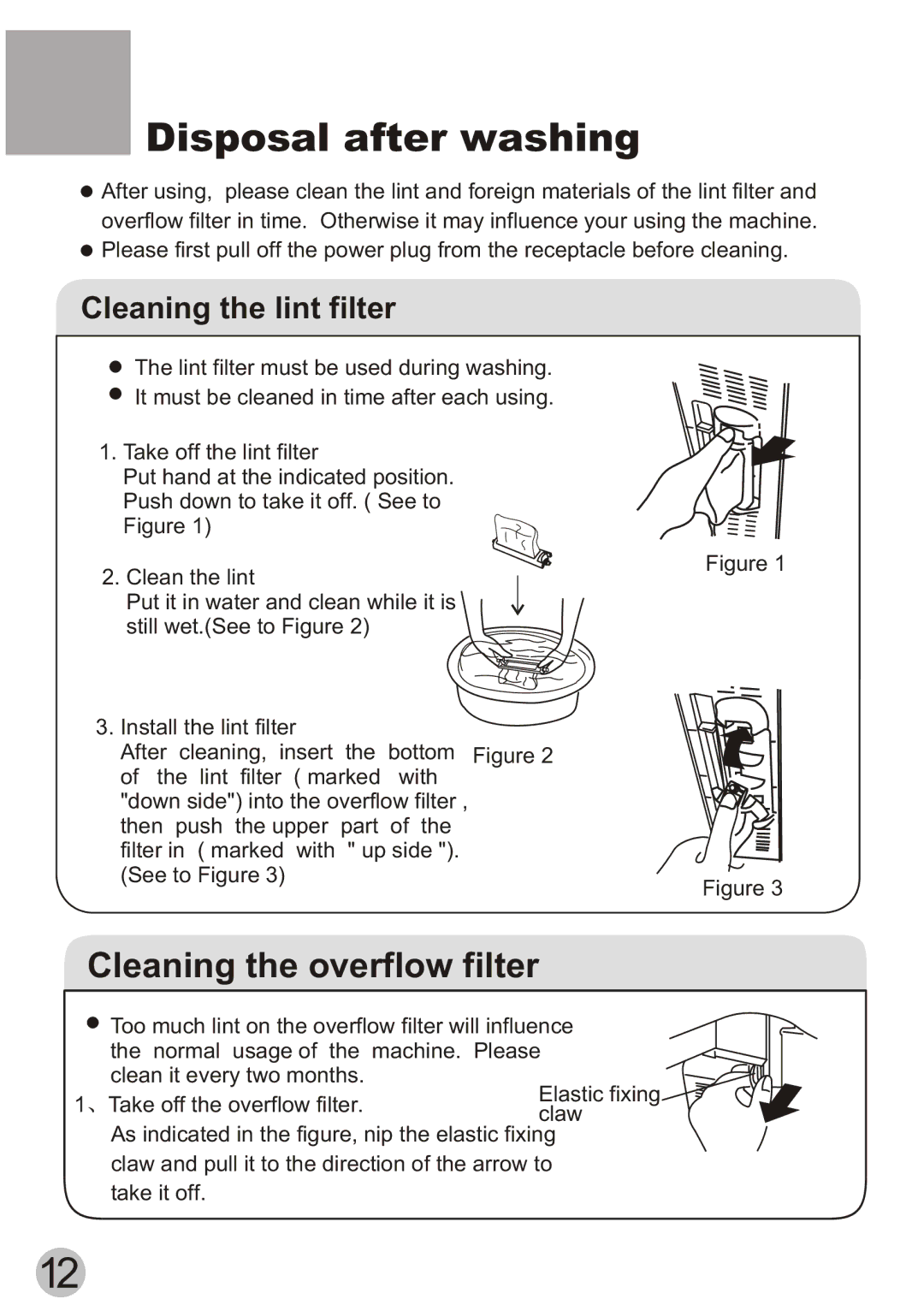 Haier WD55dHSHAT user manual Disposal after washing, Cleaning the overflow filter 