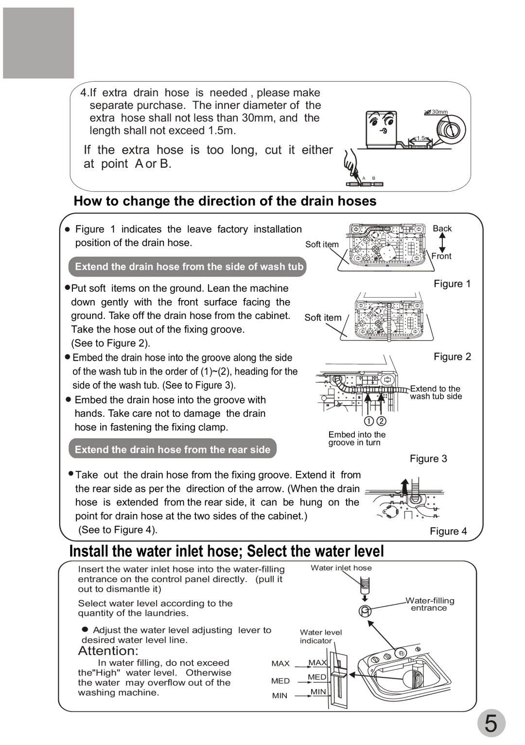 Haier WD55dHSHAT user manual Install the water inlet hose Select the water level 