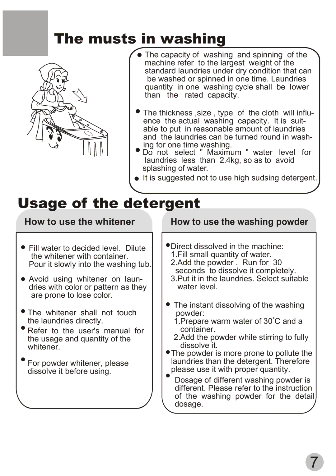 Haier WD55dHSHAT user manual Musts in washing, Usage of the detergent 