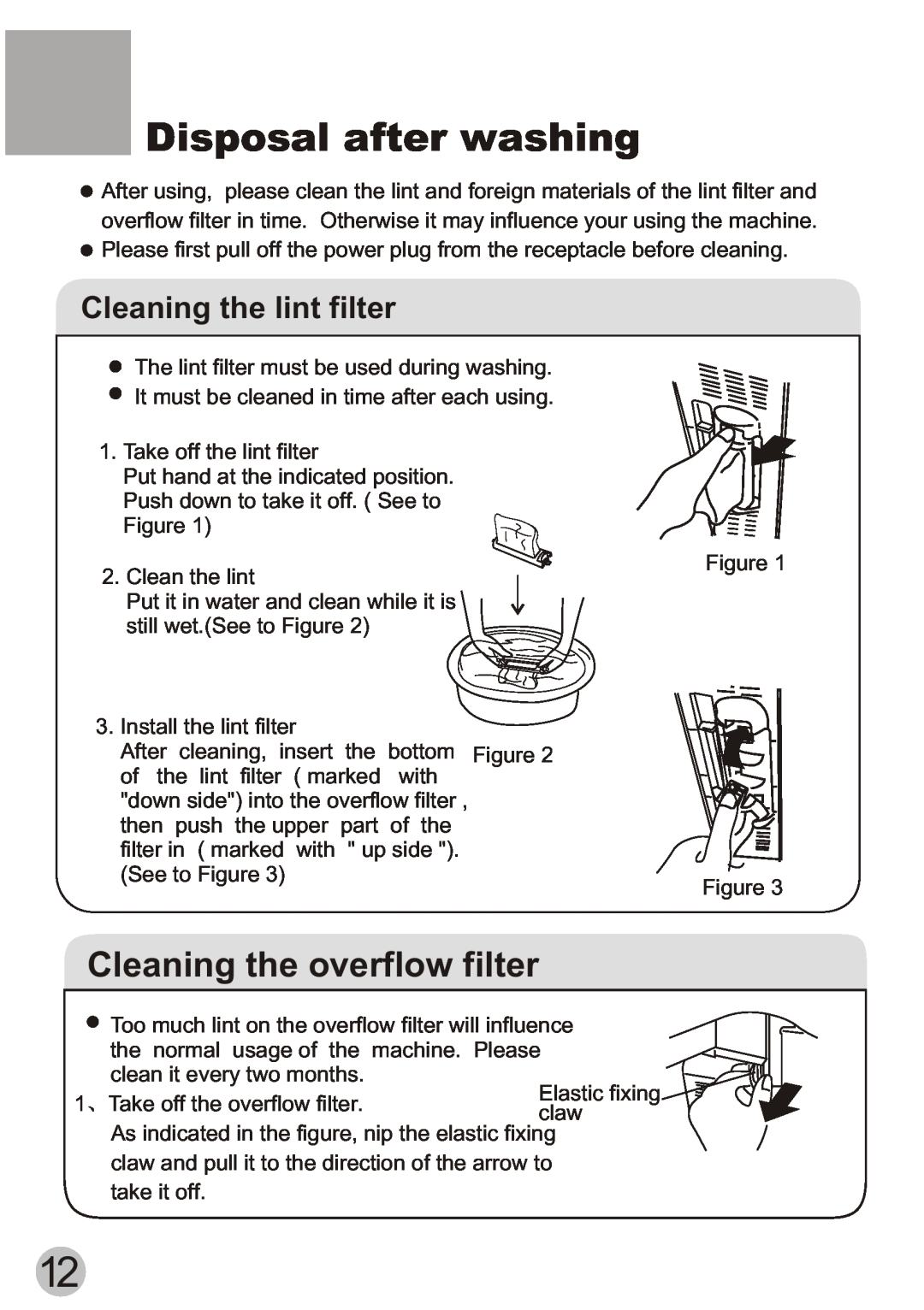 Haier WD55dHSHAT user manual Disposal after washing, Cleaning the overflow filter, Cleaning the lint filter 